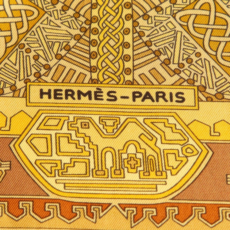 Pre Owned Hermès Yellow Printed Silk Sur Un Tapis Volant Square Scarf 