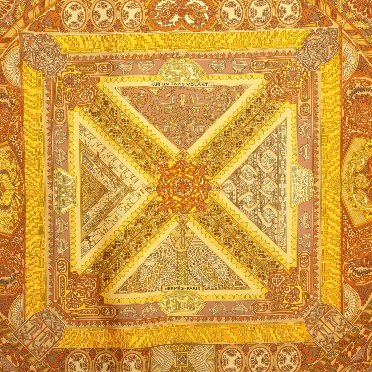 Pre Owned Hermès Yellow Printed Silk Sur Un Tapis Volant Square Scarf 