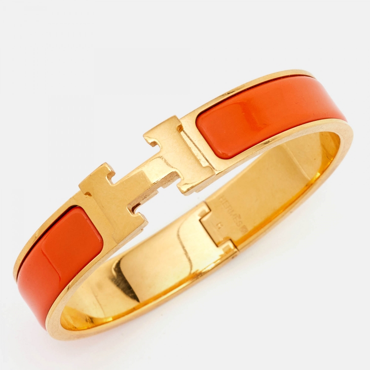 Pre Owned Hermes Clic H Orange Enamel Gold Plated Narrow Bracelet