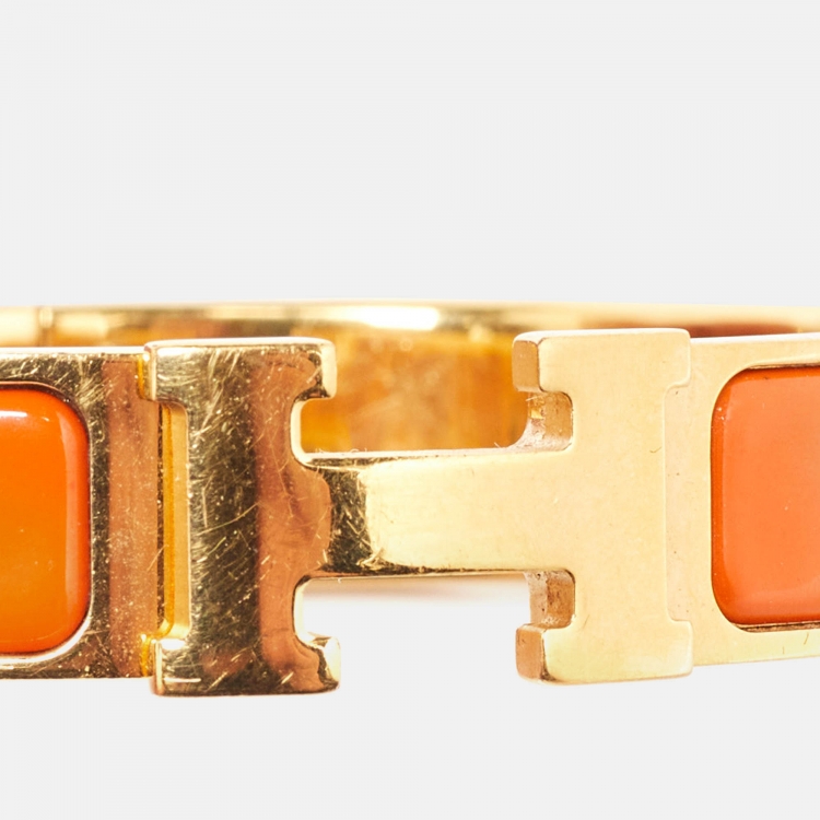 Pre Owned Hermes Clic H Orange Enamel Gold Plated Narrow Bracelet