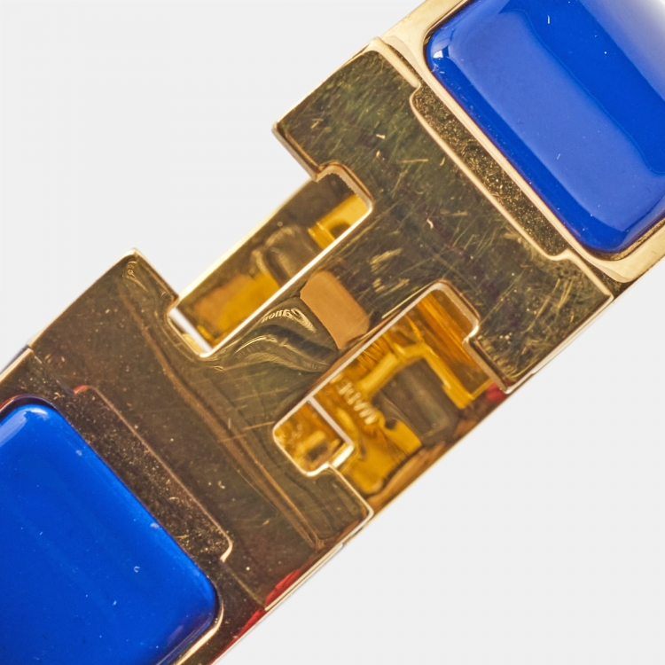 Pre Owned Hermes Clic Clac H Blue Enamel Gold Plated Bracelet