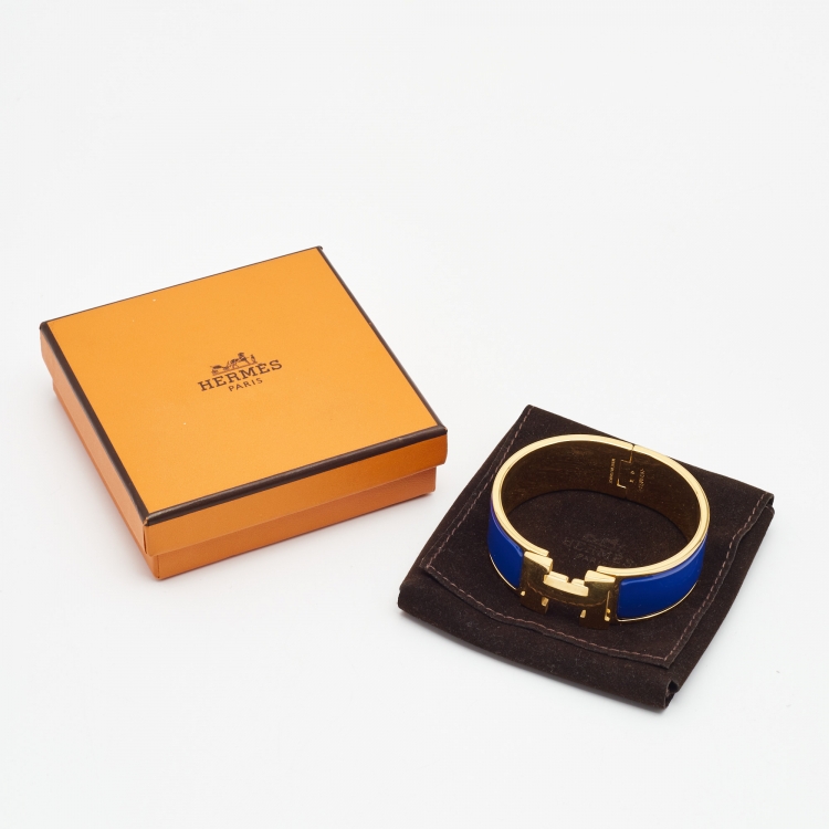 Pre Owned Hermes Clic Clac H Blue Enamel Gold Plated Bracelet