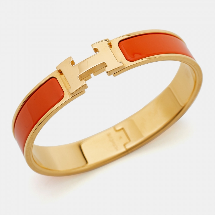 Pre Owned Hermès Clic H Orange Enamel Gold Plated Bracelet