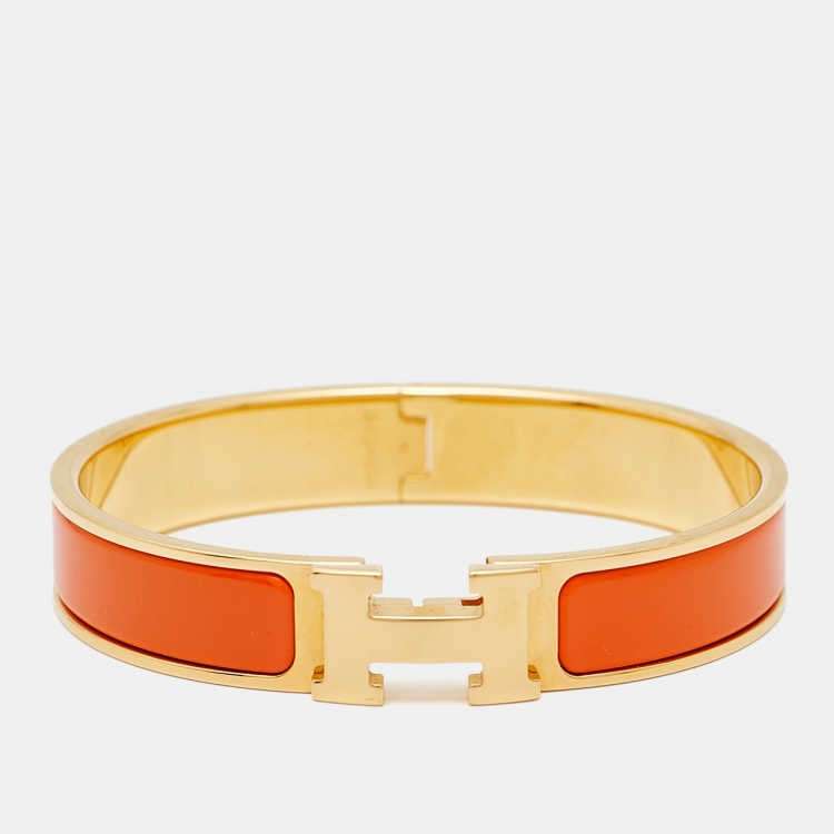 Pre Owned Hermès Clic H Orange Enamel Gold Plated Bracelet