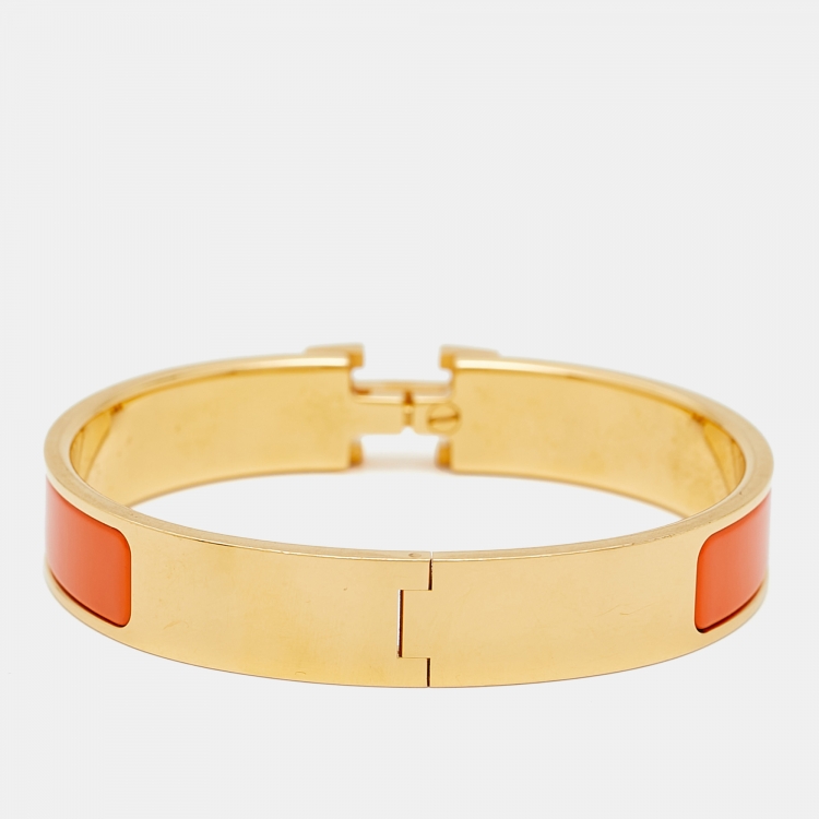 Pre Owned Hermès Clic H Orange Enamel Gold Plated Bracelet