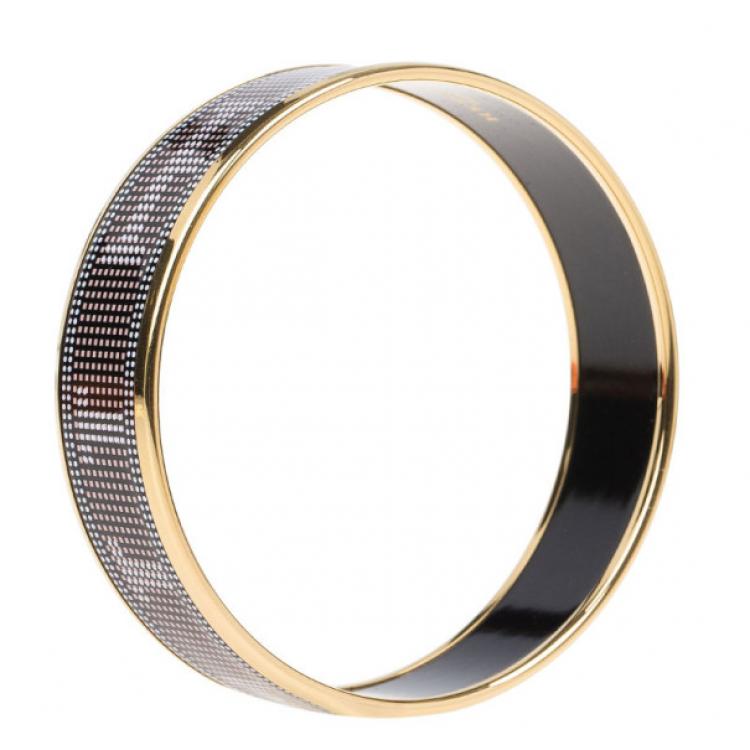 Pre Owned Hermes Wide Printed Enamel Gold-Plated Bracelet 20CM