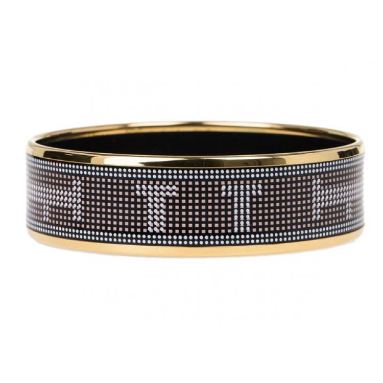 Pre Owned Hermes Wide Printed Enamel Gold-Plated Bracelet 20CM