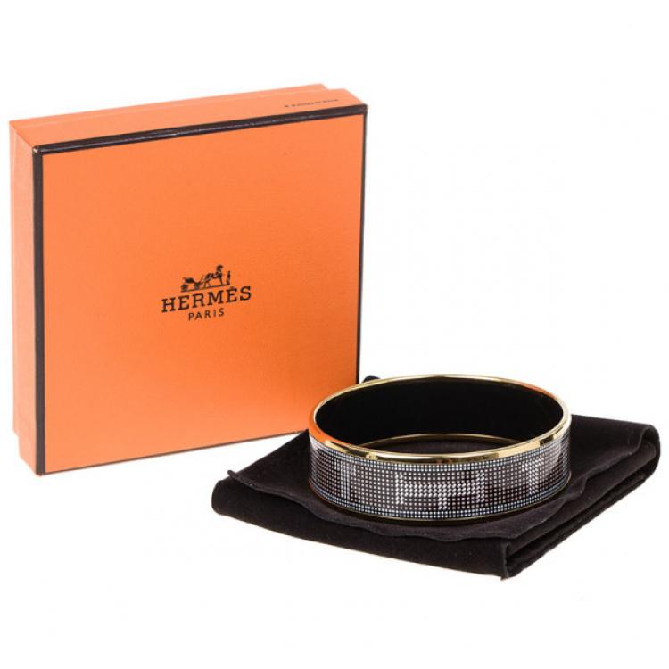 Pre Owned Hermes Wide Printed Enamel Gold-Plated Bracelet 20CM