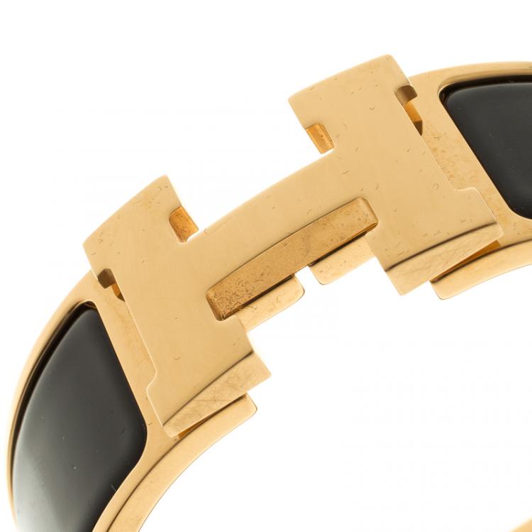 Pre Owned Hermes Clic Clac H Black Enamel Gold Plated Wide Bracelet PM