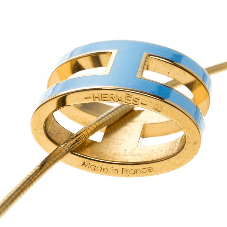 Pre Owned Hermes Pop H Blue Lacquer Gold Plated Pendant Necklace 