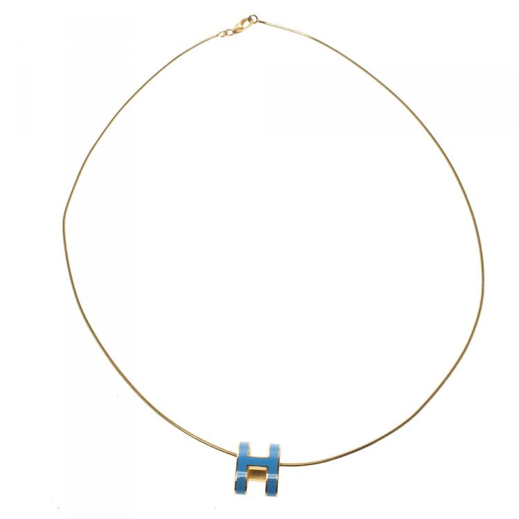 Pre Owned Hermes Pop H Blue Lacquer Gold Plated Pendant Necklace 