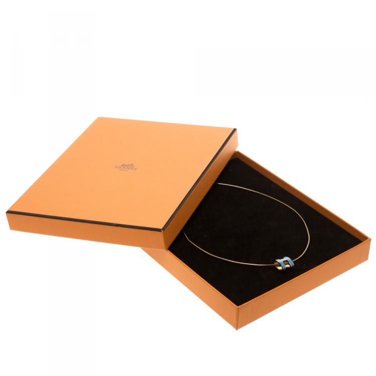 Pre Owned Hermes Pop H Blue Lacquer Gold Plated Pendant Necklace 