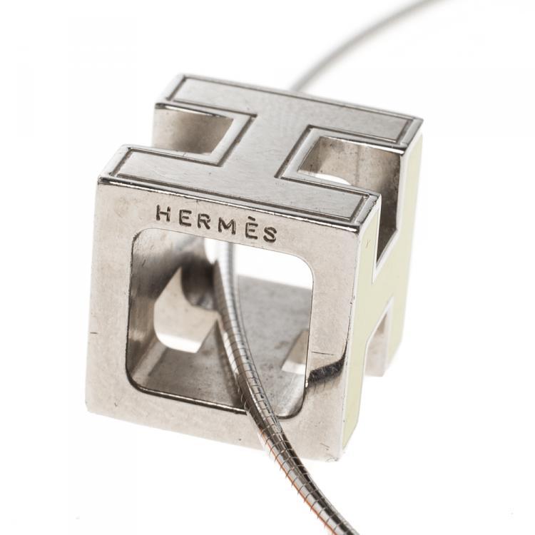 Pre Owned Hermes Cage d' H Enamel Palladium Plated Pendant Necklace