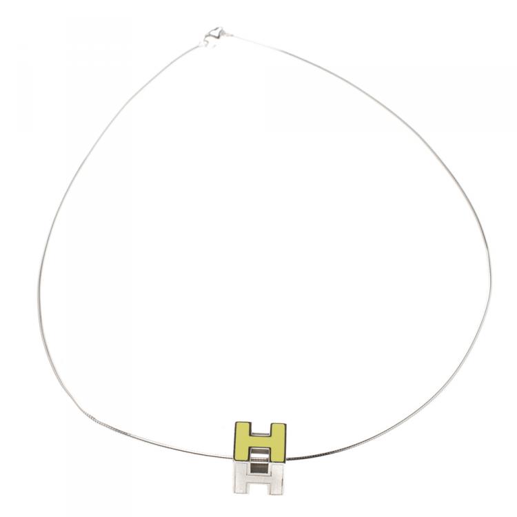 Pre Owned Hermes Cage d' H Enamel Palladium Plated Pendant Necklace