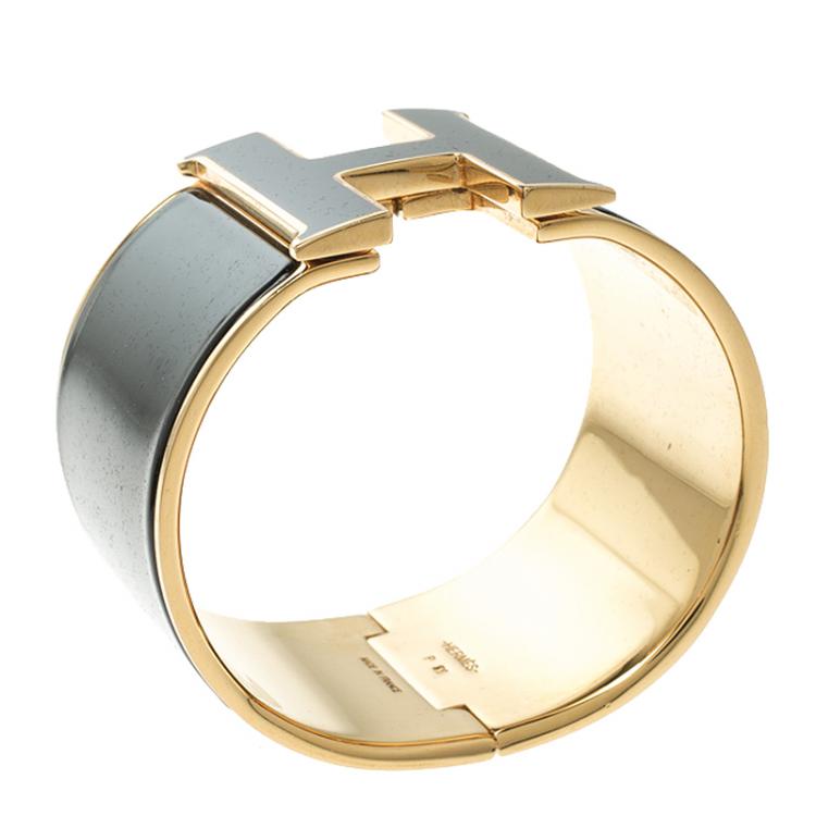 Pre Owned Hermes Clic Clac H Black Enamel Gold-Plated Extra Wide Bracelet PM