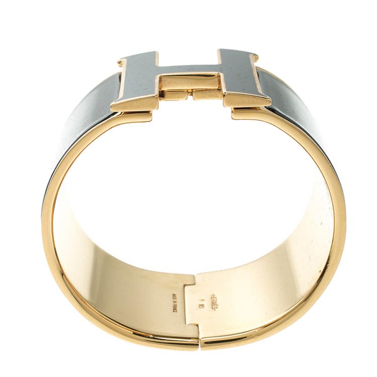 Pre Owned Hermes Clic Clac H Black Enamel Gold-Plated Extra Wide Bracelet PM