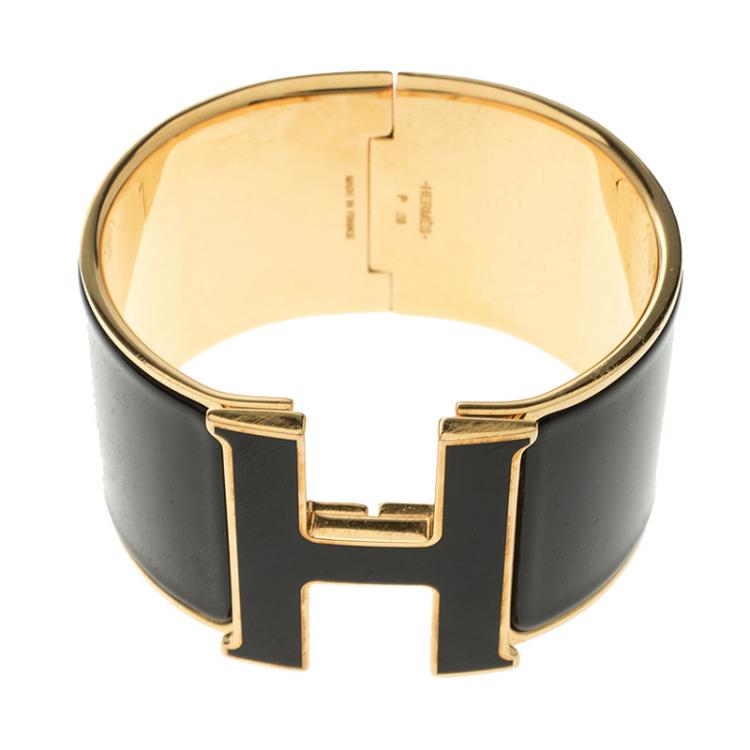 Pre Owned Hermes Clic Clac H Black Enamel Gold-Plated Extra Wide Bracelet PM