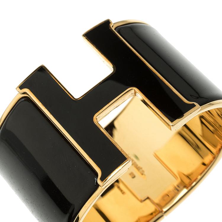 Pre Owned Hermes Clic Clac H Black Enamel Gold-Plated Extra Wide Bracelet PM