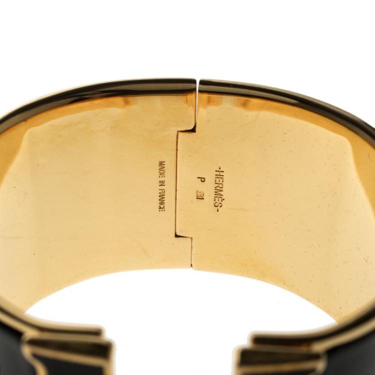 Pre Owned Hermes Clic Clac H Black Enamel Gold-Plated Extra Wide Bracelet PM