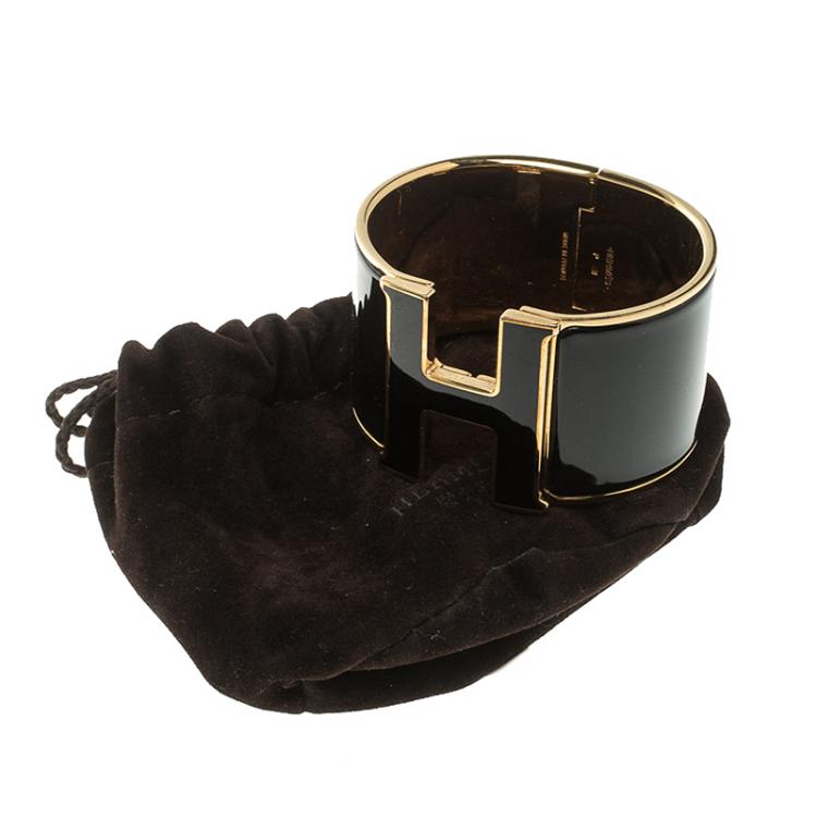 Pre Owned Hermes Clic Clac H Black Enamel Gold-Plated Extra Wide Bracelet PM