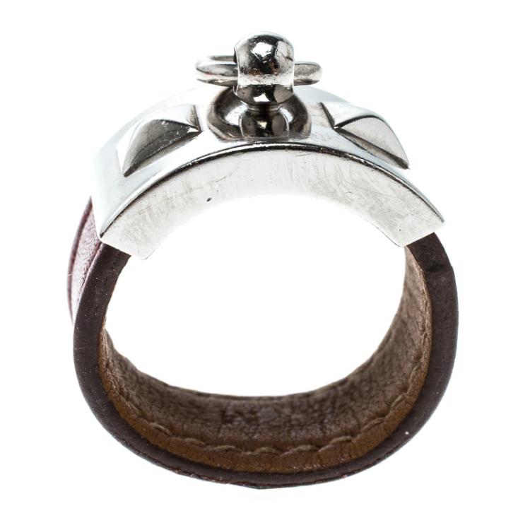 Pre Owned Hermes Collier de Chien Burgundy Leather Palladium Plated Ring  Size 58