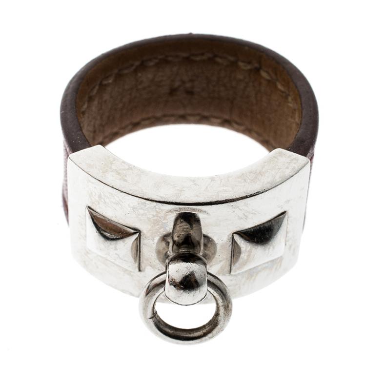 Pre Owned Hermes Collier de Chien Burgundy Leather Palladium Plated Ring  Size 58