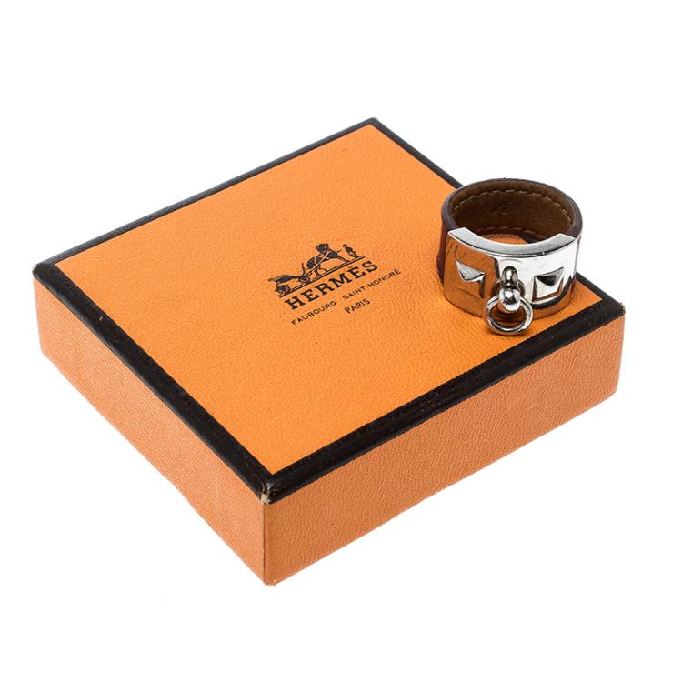 Pre Owned Hermes Collier de Chien Burgundy Leather Palladium Plated Ring  Size 58