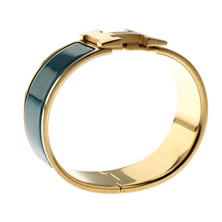 Pre Owned Hermes Clic Clac H Blue Enamel Gold Plated Wide Bracelet GM