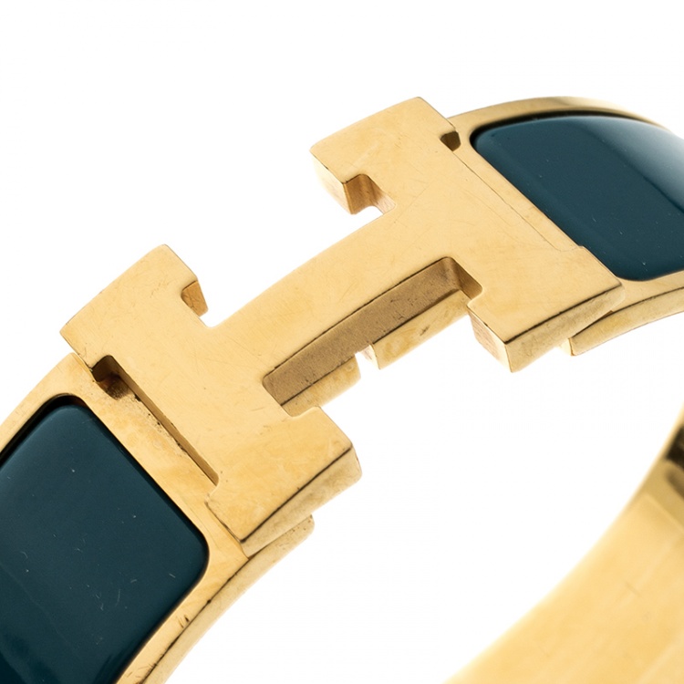 Pre Owned Hermes Clic Clac H Blue Enamel Gold Plated Wide Bracelet GM