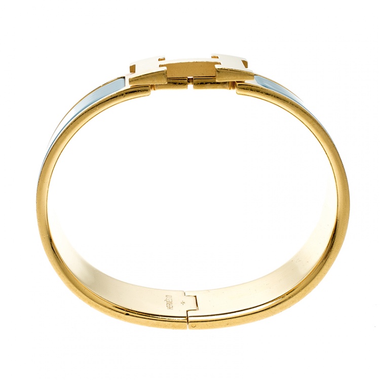 Pre Owned Hermes Clic Clac H Blue Enamel Gold Plated Wide Bracelet GM