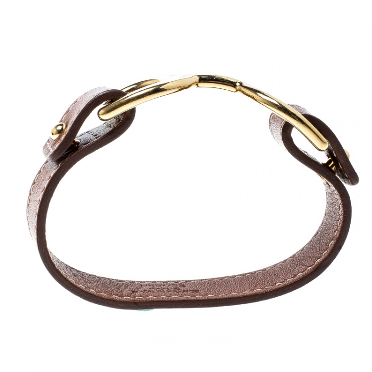 Pre Owned Hermes Pavane Brown Leather Gold Plated Bracelet L