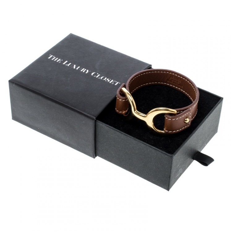 Pre Owned Hermes Pavane Brown Leather Gold Plated Bracelet L