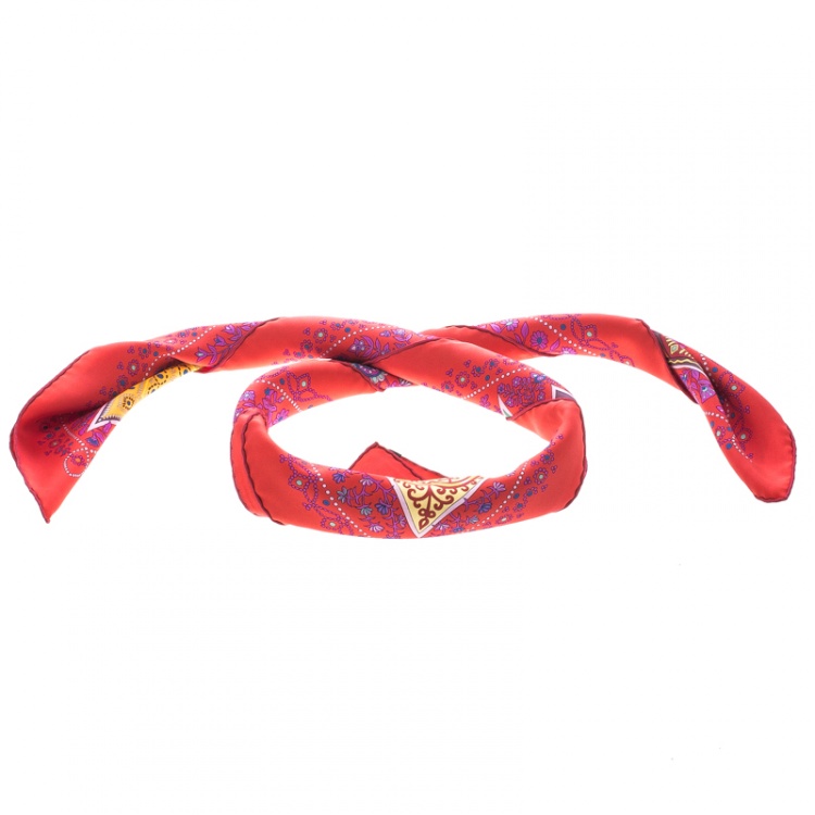 Pre Owned Hermes Red L'Arbre de Vie Printed Silk Square Scarf