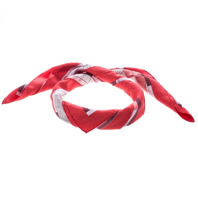 Pre Owned Hermes Red Le Monde est Vaste Printed Silk Square Scarf