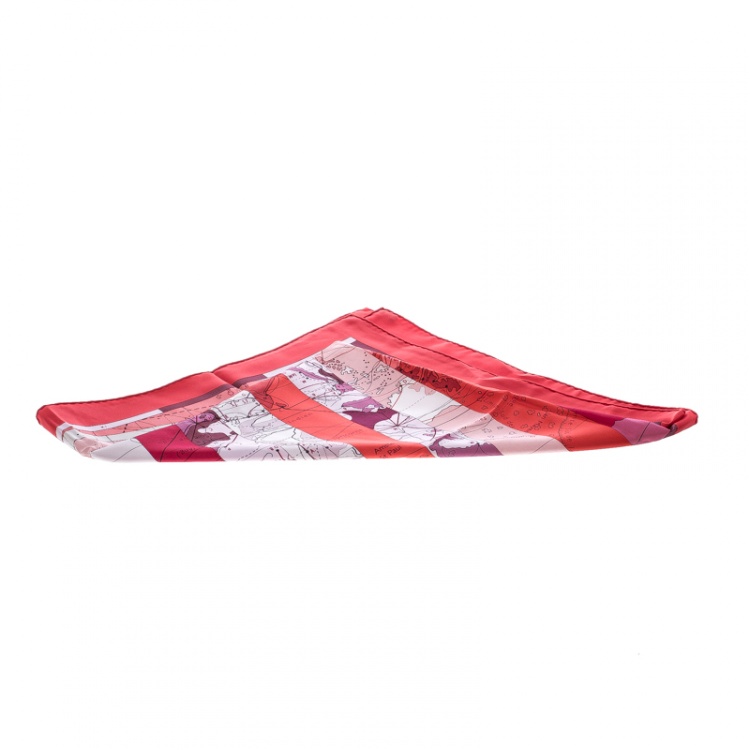 Pre Owned Hermes Red Le Monde est Vaste Printed Silk Square Scarf
