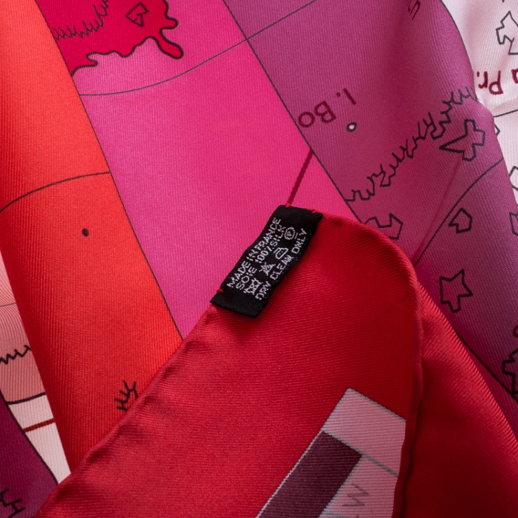 Pre Owned Hermes Red Le Monde est Vaste Printed Silk Square Scarf