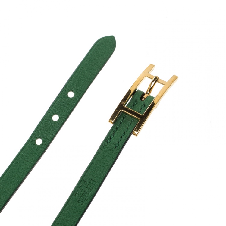 Pre Owned Hermes Hapi 3 Green Leather Gold Plated Wrap Bracelet S