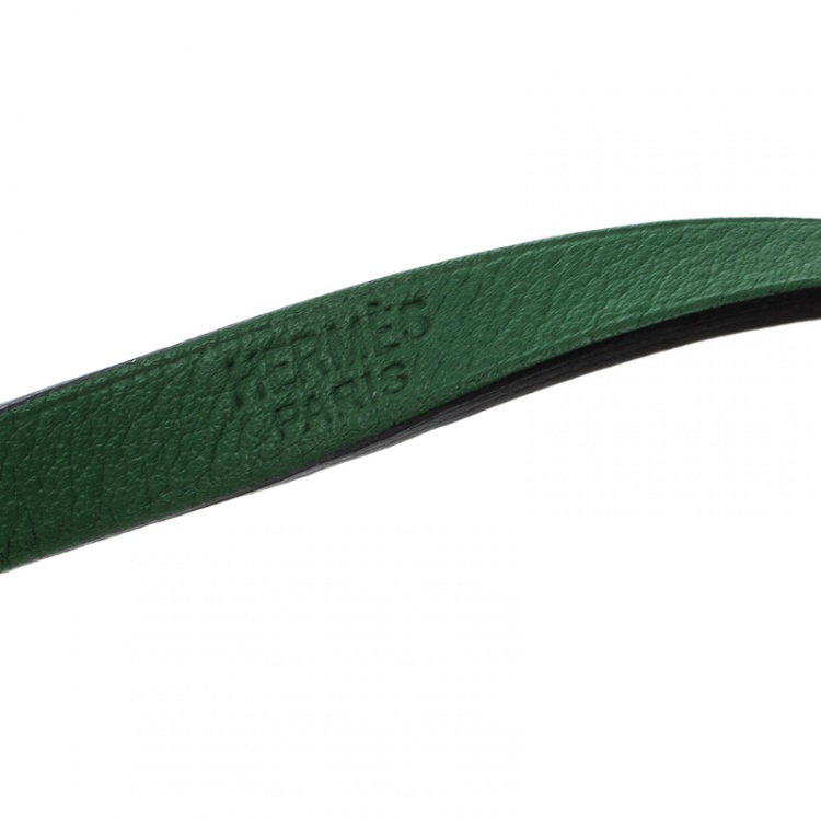 Pre Owned Hermes Hapi 3 Green Leather Gold Plated Wrap Bracelet S