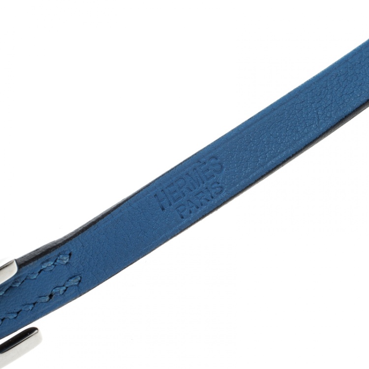 Pre Owned Hermes Hapi 3 Blue Brighton Leather Palladium Plated Wrap Bracelet M
