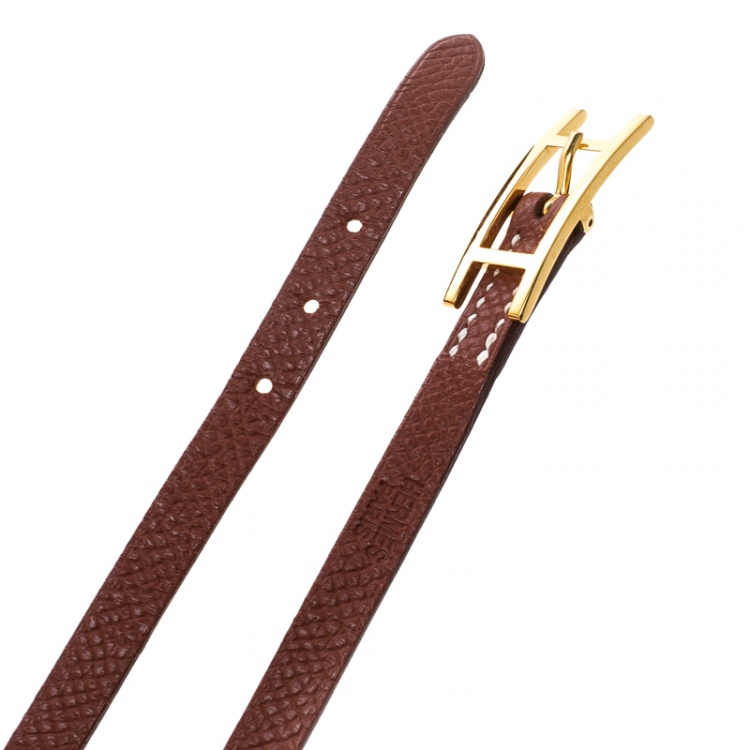 Pre Owned Hermes Hapi 3 Brown Leather Gold Plated Wrap Bracelet M