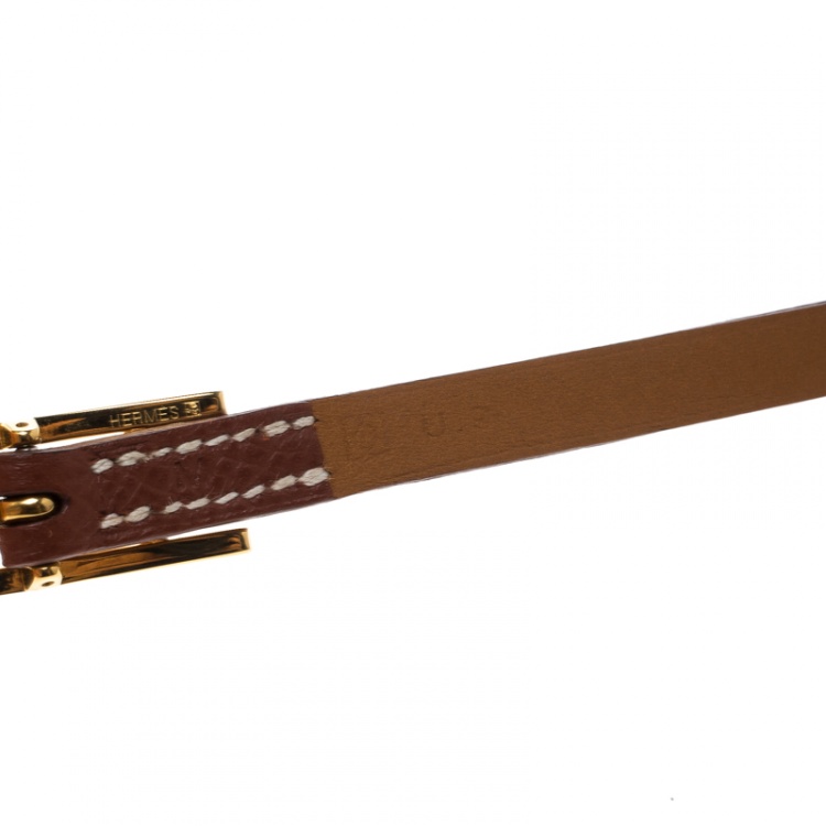 Pre Owned Hermes Hapi 3 Brown Leather Gold Plated Wrap Bracelet M