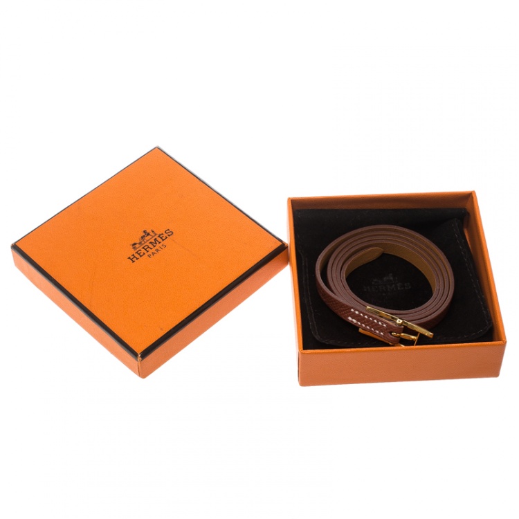 Pre Owned Hermes Hapi 3 Brown Leather Gold Plated Wrap Bracelet M