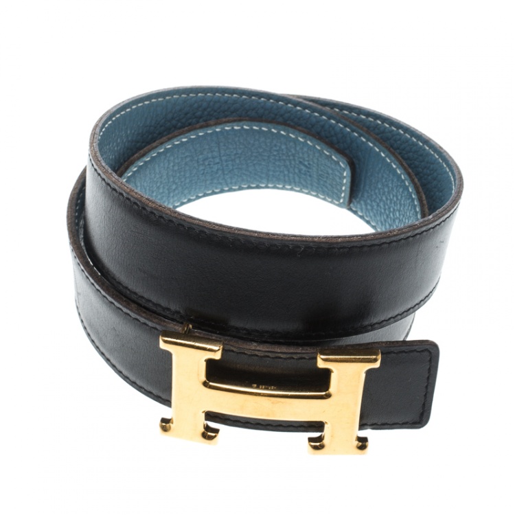Pre Owned Hermès Black/Blue Leather Reversible Gold Metal Finished H Buckle Belt 75cm