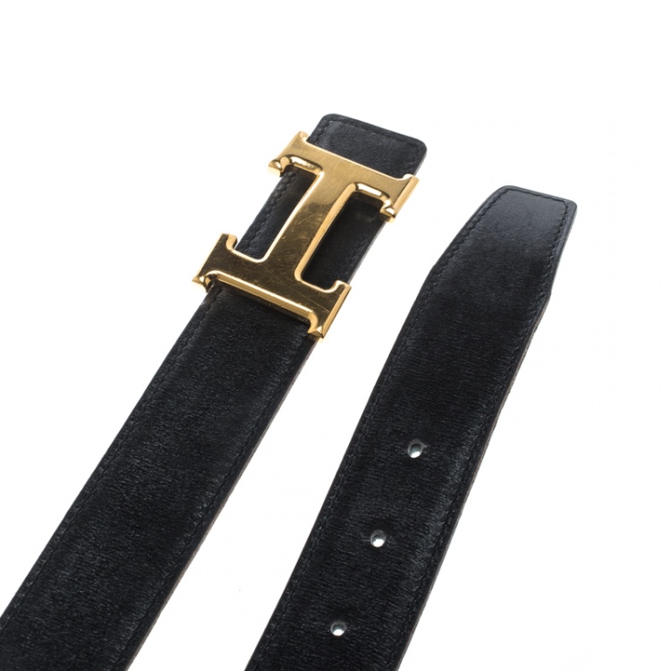Pre Owned Hermès Black/Blue Leather Reversible Gold Metal Finished H Buckle Belt 75cm