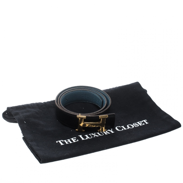 Pre Owned Hermès Black/Blue Leather Reversible Gold Metal Finished H Buckle Belt 75cm