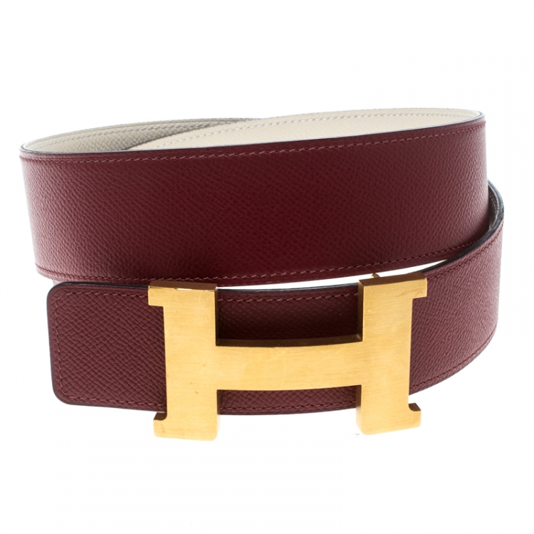 Pre Owned Hermes Bordeaux/Off White Epsom Leather Reversible Constance Belt 85cm