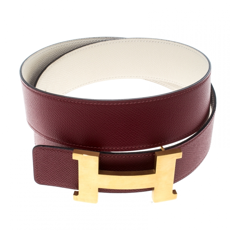 Pre Owned Hermes Bordeaux/Off White Epsom Leather Reversible Constance Belt 85cm