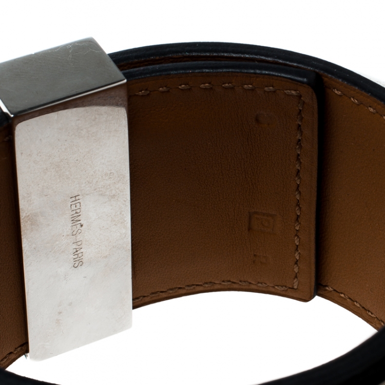 Pre Owned Hermès Collier de Chien Black Leather Palladium Plated Wide Bracelet S