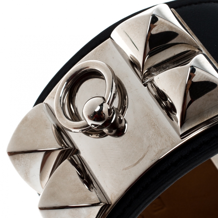 Pre Owned Hermès Collier de Chien Black Leather Palladium Plated Wide Bracelet S