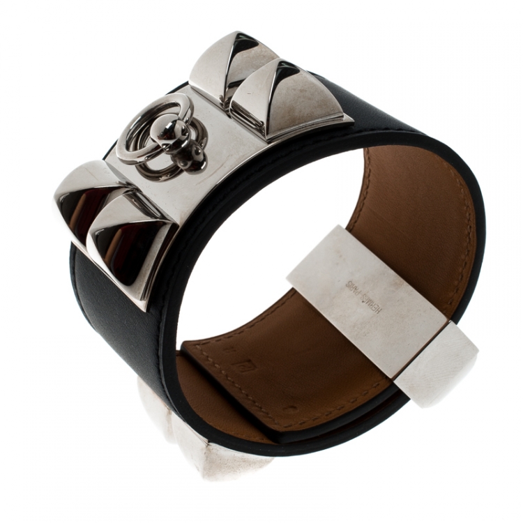 Pre Owned Hermès Collier de Chien Black Leather Palladium Plated Wide Bracelet S